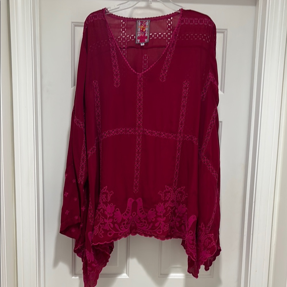 ❤️❤️ Johnny Was Cage Flare Tunic Red Embroidered Blouse with Bird Pattern XXL